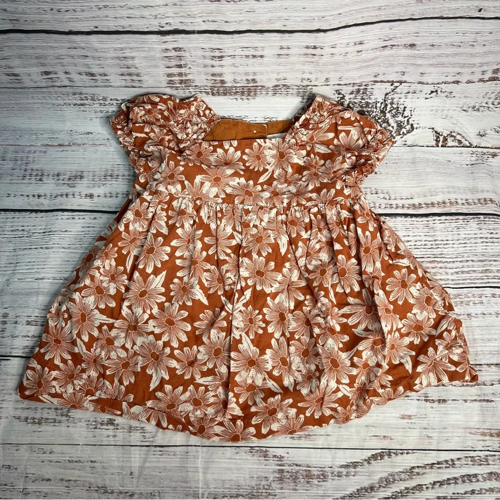 Baby Gap 3-6 Months Brown Floral Baby Puff Sleeve Babydoll Dress 2 Piece Set‎